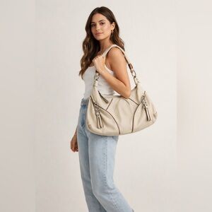 B‎ Makowski Beige Leather Hobo Shoulder Bag Purse